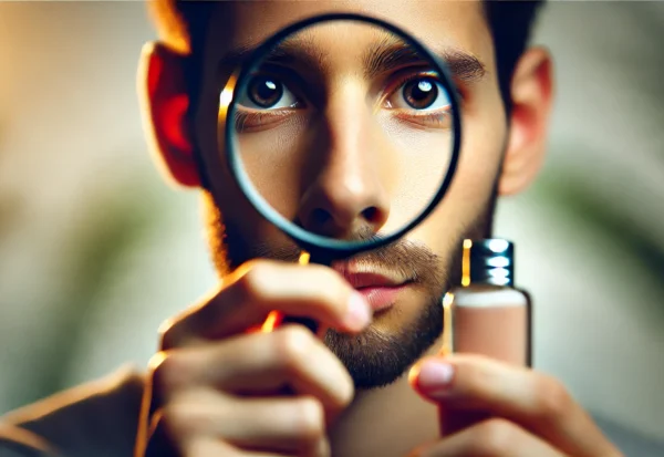 DALL·E 2024-11-13 05.04.29 - A person holding a magnifying glass over a product, but instead of focusing on the product, they are looking at their own reflection in the magnifying