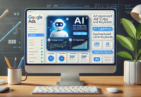 DALL·E 2024-11-15 04.44.39 - A realistic illustration of a computer screen displaying the Google Ads dashboard interface with an AI-powered suggestions panel or ad copywriting too